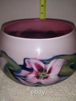 1987 CHARLES LOTTON Cased Iridized PINK Multi Flora Art Glass Bowl Vase