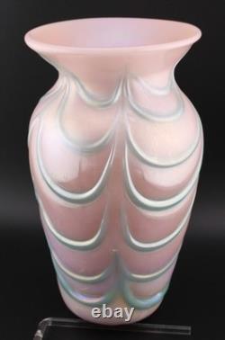 1990 Gibson Glass Pink Blue Opalescent Iridescent Blown Art Glass Vase 7.5