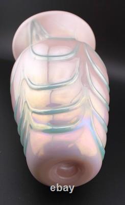 1990 Gibson Glass Pink Blue Opalescent Iridescent Blown Art Glass Vase 7.5