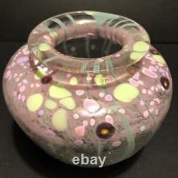 1994 Timothy Hall CRACKEL ART GLASS VASE Pink Green-5 Tall-Sign By Artist