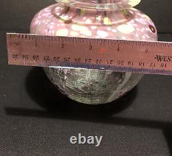 1994 Timothy Hall CRACKEL ART GLASS VASE Pink Green-5 Tall-Sign By Artist