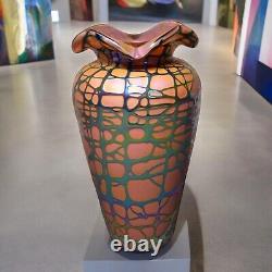 1995 Stuart Abelman Art Glass Contemporary Iridescent Pink Silver Webbed Vase