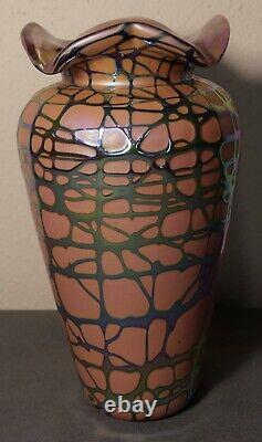 1995 Stuart Abelman Art Glass Contemporary Iridescent Pink Silver Webbed Vase