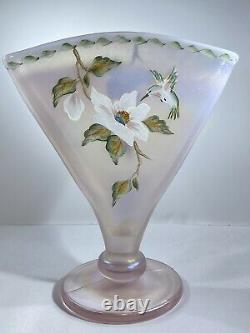 1996 Fenton Hand Painted Hummingbird Fan Vase 8 1/4 Signed #596