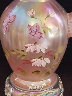 1997 Fenton Pink Champagne Pitcher Field Of Flowers Painted By Marilyn Wagner