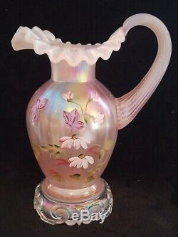 1997 Fenton Pink Champagne Pitcher Field Of Flowers Painted By Marilyn Wagner