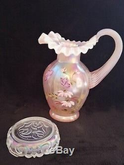 1997 Fenton Pink Champagne Pitcher Field Of Flowers Painted By Marilyn Wagner