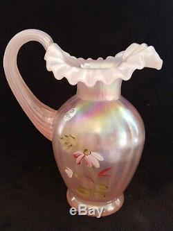 1997 Fenton Pink Champagne Pitcher Field Of Flowers Painted By Marilyn Wagner