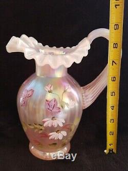 1997 Fenton Pink Champagne Pitcher Field Of Flowers Painted By Marilyn Wagner