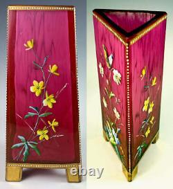 19th Century Bohemian Art Glass Vase, Hot Enamel Flowers, Butterfly, Harrach