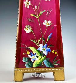 19th Century Bohemian Art Glass Vase, Hot Enamel Flowers, Butterfly, Harrach