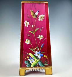 19th Century Bohemian Art Glass Vase, Hot Enamel Flowers, Butterfly, Harrach