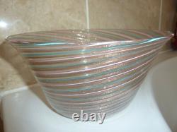 19thc Italian Murano Zanfirico Art Glass Ribbed Pink, Blue &adventurine 11cm Bowl