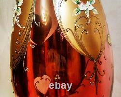 20 1/2 MONUMENTAL bohemian art glass floor vase cranberry pink vtg gold