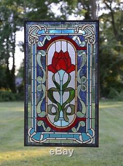 20.5 x 34.5 Handcrafted stained glass window panel A big Rose flower