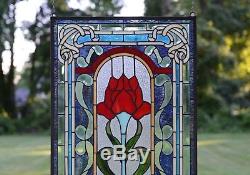 20.5 x 34 Lg Home Decor Handcrafted stained glass window panel Big Rose flower