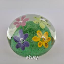 20thC Art Glass Paperweight With Pink, Purple, Orange & Yellow Flowers