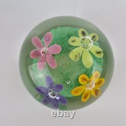 20thC Art Glass Paperweight With Pink, Purple, Orange & Yellow Flowers