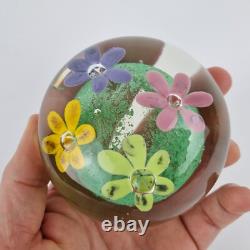 20thC Art Glass Paperweight With Pink, Purple, Orange & Yellow Flowers