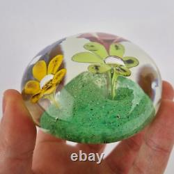 20thC Art Glass Paperweight With Pink, Purple, Orange & Yellow Flowers