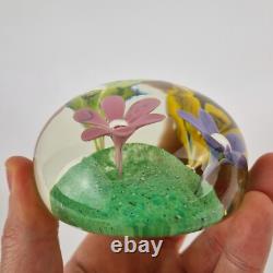 20thC Art Glass Paperweight With Pink, Purple, Orange & Yellow Flowers