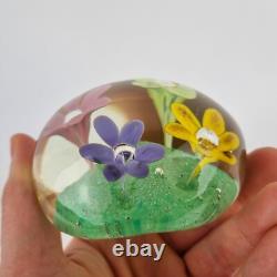 20thC Art Glass Paperweight With Pink, Purple, Orange & Yellow Flowers
