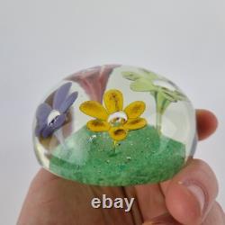 20thC Art Glass Paperweight With Pink, Purple, Orange & Yellow Flowers