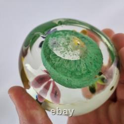 20thC Art Glass Paperweight With Pink, Purple, Orange & Yellow Flowers
