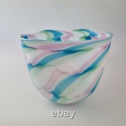 20th Century Art Glass Bowl Unsigned Pink, Blue, Green & White 16cm High