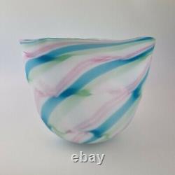 20th Century Art Glass Bowl Unsigned Pink, Blue, Green & White 16cm High