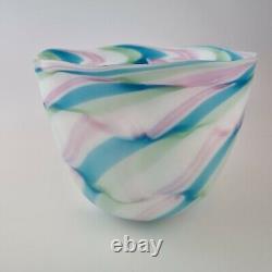 20th Century Art Glass Bowl Unsigned Pink, Blue, Green & White 16cm High