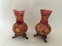 2 Antique Cranberry Pink Glass Mini Vases Gold Enamel Decor Butterfly Brass Feet