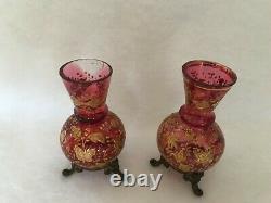 2 Antique Cranberry Pink Glass Mini Vases Gold Enamel Decor Butterfly Brass Feet