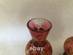 2 Antique Cranberry Pink Glass Mini Vases Gold Enamel Decor Butterfly Brass Feet