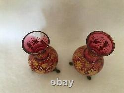 2 Antique Cranberry Pink Glass Mini Vases Gold Enamel Decor Butterfly Brass Feet