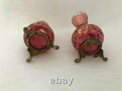 2 Antique Cranberry Pink Glass Mini Vases Gold Enamel Decor Butterfly Brass Feet