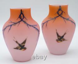 2 Bohemian Harrach Peach to Pink Hand Painted Sparrow Bird Art Glass Vase Set