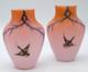 2 Bohemian Harrach Peach to Pink Hand Painted Sparrow Bird Art Glass Vase Set