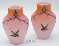 2 Bohemian Harrach Peach to Pink Hand Painted Sparrow Bird Art Glass Vase Set