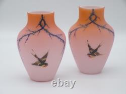 2 Bohemian Harrach Peach to Pink Hand Painted Sparrow Bird Art Glass Vase Set