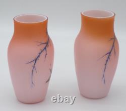 2 Bohemian Harrach Peach to Pink Hand Painted Sparrow Bird Art Glass Vase Set