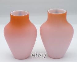 2 Bohemian Harrach Peach to Pink Hand Painted Sparrow Bird Art Glass Vase Set