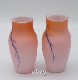 2 Bohemian Harrach Peach to Pink Hand Painted Sparrow Bird Art Glass Vase Set