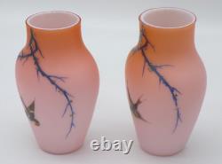 2 Bohemian Harrach Peach to Pink Hand Painted Sparrow Bird Art Glass Vase Set
