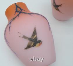 2 Bohemian Harrach Peach to Pink Hand Painted Sparrow Bird Art Glass Vase Set