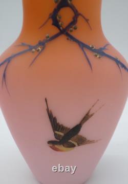 2 Bohemian Harrach Peach to Pink Hand Painted Sparrow Bird Art Glass Vase Set