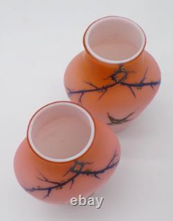 2 Bohemian Harrach Peach to Pink Hand Painted Sparrow Bird Art Glass Vase Set