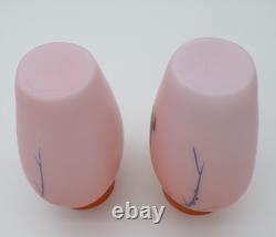2 Bohemian Harrach Peach to Pink Hand Painted Sparrow Bird Art Glass Vase Set