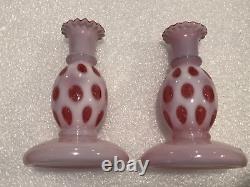 2 Fenton Art Glass Rare Cranberry Coin Dot Candle Stick Holders Vintage BIN