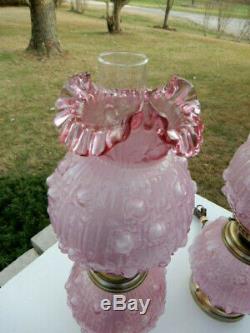 2 Fenton lamps Dusty Rose CABBAGE ROSE EMBOSSED GLASS GWTW